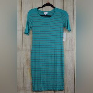 LuLaRoe Julia Teal and Gray Striped Midi Dress
